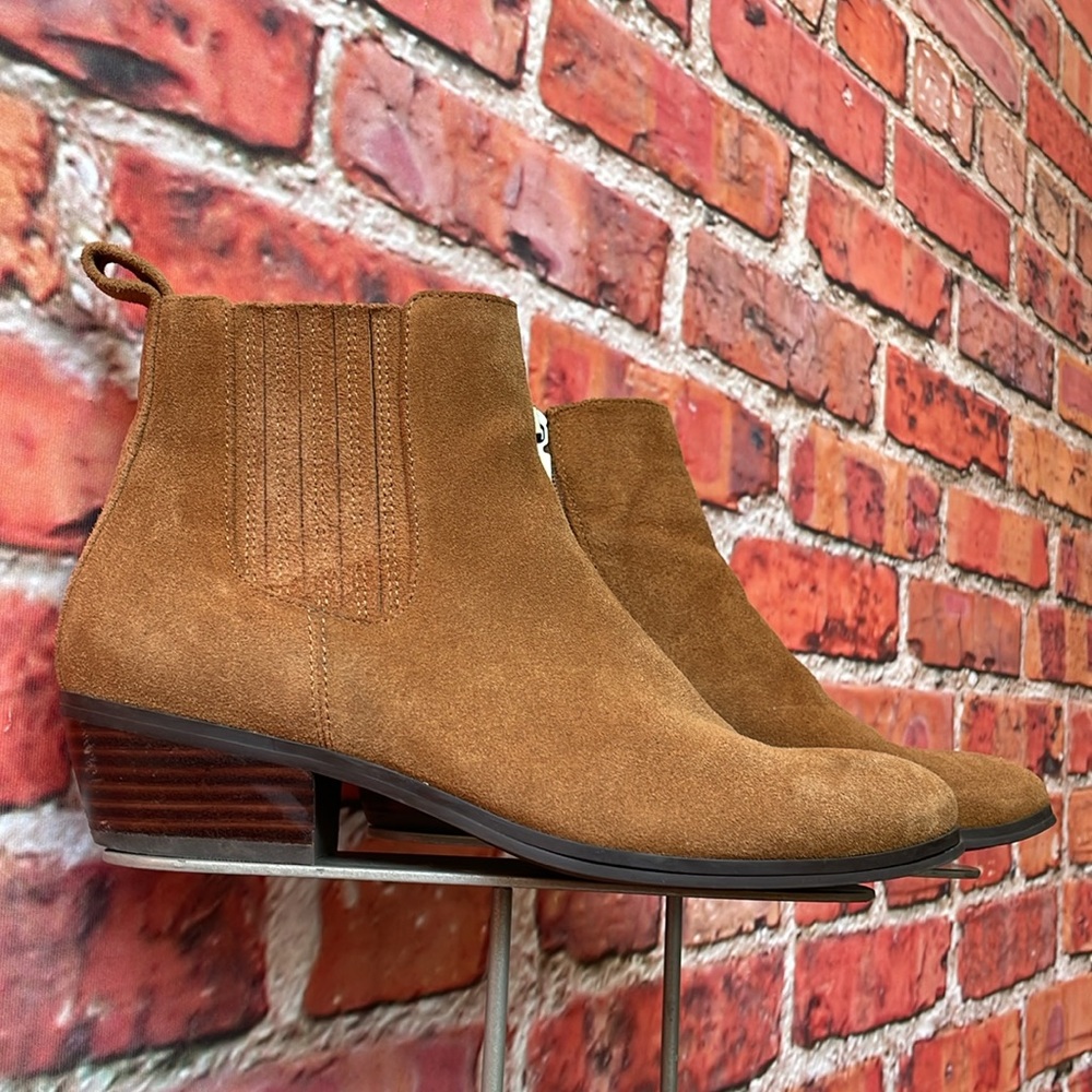 Caramel Blondo Waterproof Suede Wooden Stacked Heel Chelsea Booties